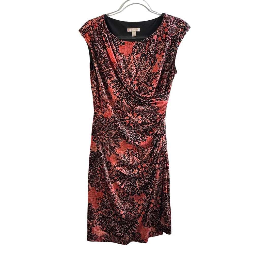 Connected Apparel Sheath Dress Coral Pink Black Lace Print Ruched Size 6 Wedding